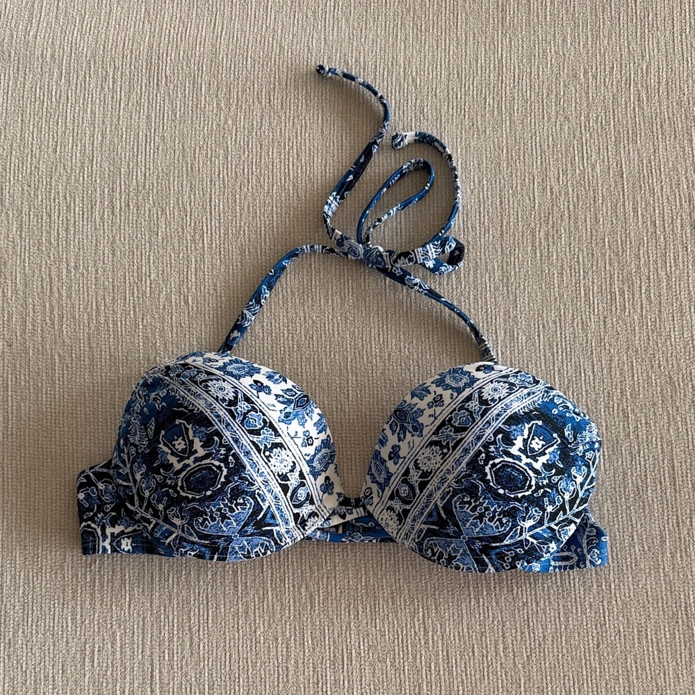 Blue and White Patterned Bikini Top